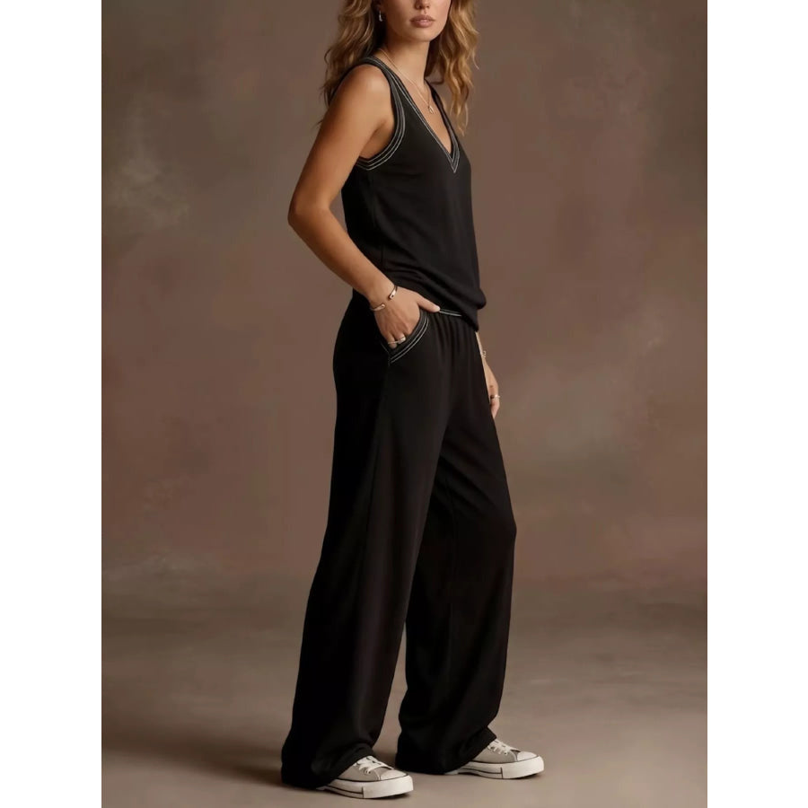 Full Size V-Neck Tank Top & Wide-Leg Pants Set Plus Size Apparel and Accessories