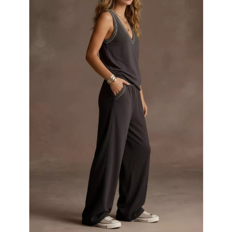 Full Size V-Neck Tank Top & Wide-Leg Pants Set Plus Size Apparel and Accessories