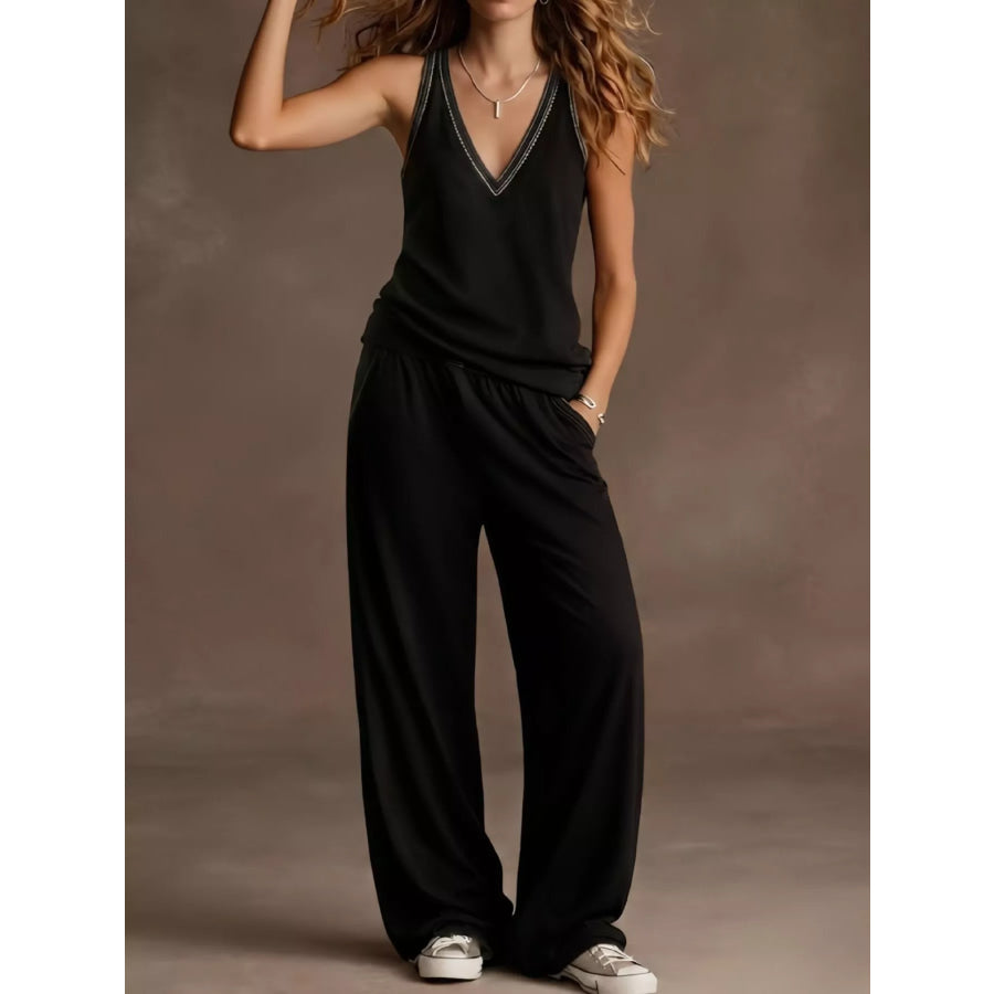 Full Size V-Neck Tank Top & Wide-Leg Pants Set Plus Size Black / S Apparel and Accessories