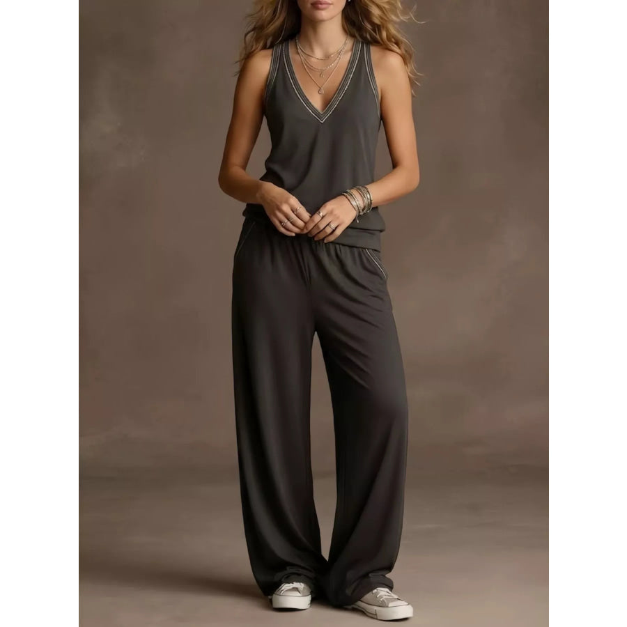 Full Size V-Neck Tank Top & Wide-Leg Pants Set Plus Size Dark Gray / S Apparel and Accessories
