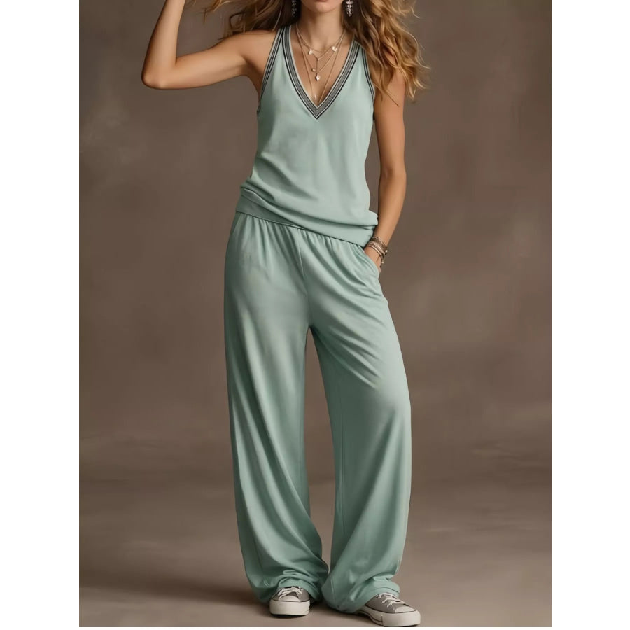 Full Size V-Neck Tank Top & Wide-Leg Pants Set Plus Size Gray / S Apparel and Accessories