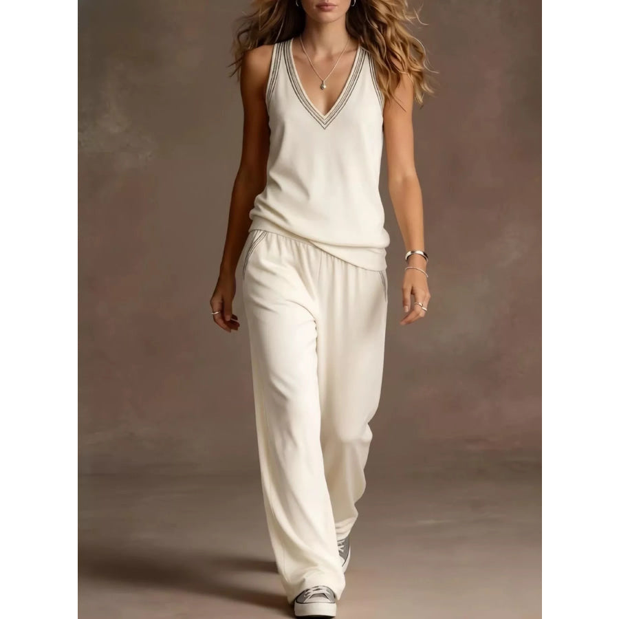 Full Size V-Neck Tank Top & Wide-Leg Pants Set Plus Size White / S Apparel and Accessories