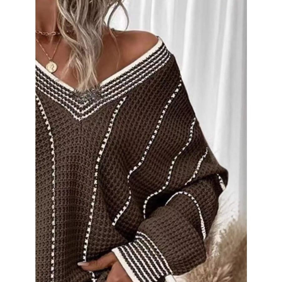 Full Size V-Neck Textured Knit Sweater Plus Size Apparel and Accessories