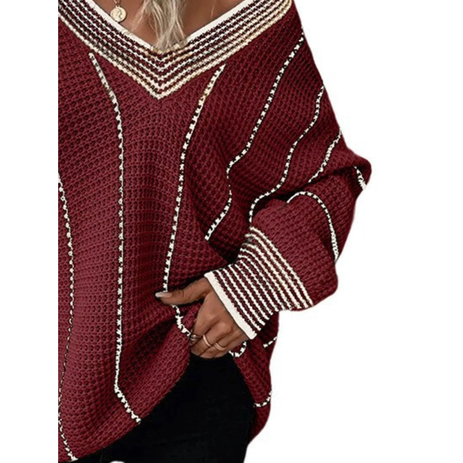 Full Size V-Neck Textured Knit Sweater Plus Size Apparel and Accessories