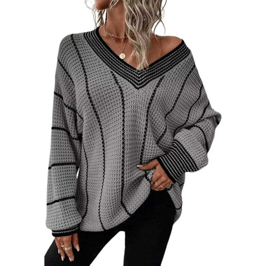 Full Size V-Neck Textured Knit Sweater Plus Size Apparel and Accessories