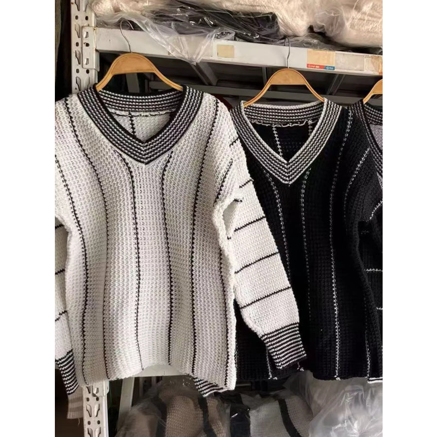 Full Size V-Neck Textured Knit Sweater Plus Size Apparel and Accessories