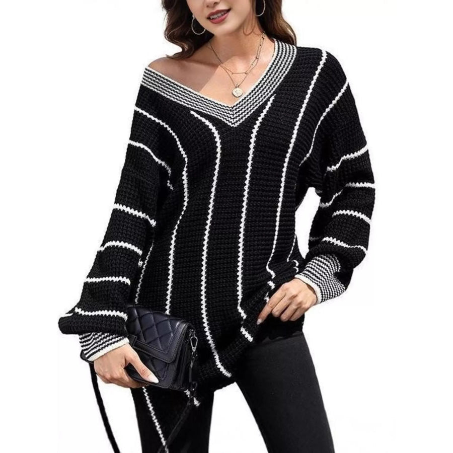 Full Size V-Neck Textured Knit Sweater Plus Size Black / S Apparel and Accessories