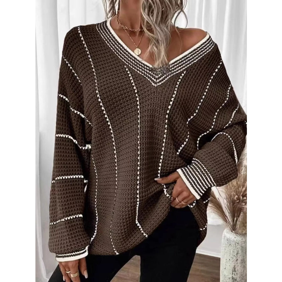 Full Size V-Neck Textured Knit Sweater Plus Size Brown / S Apparel and Accessories