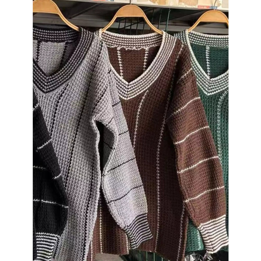 Full Size V-Neck Textured Knit Sweater Plus Size Gray / S Apparel and Accessories