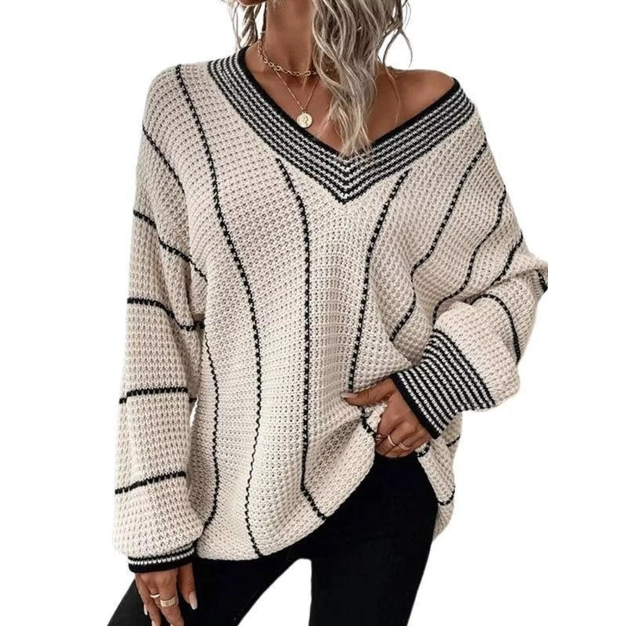 Full Size V-Neck Textured Knit Sweater Plus Size Gray/white / S Apparel and Accessories