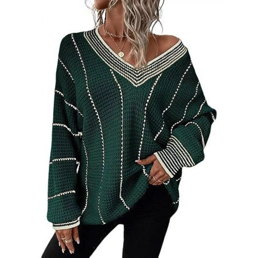 Full Size V-Neck Textured Knit Sweater Plus Size Green / S Apparel and Accessories