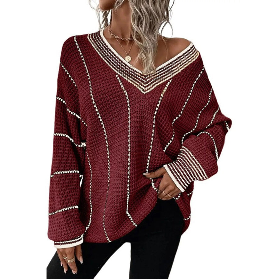 Full Size V-Neck Textured Knit Sweater Plus Size Red / S Apparel and Accessories