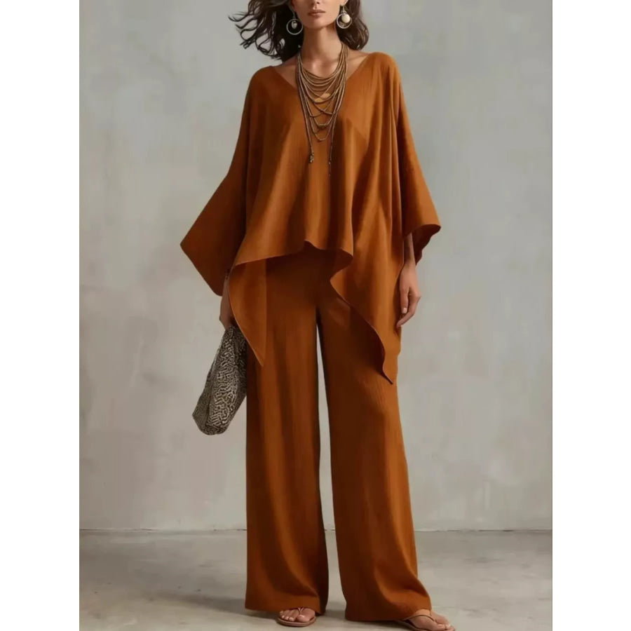 Full Size V-Neck Top and Pants Set Plus Size Brown / S Apparel and Accessories