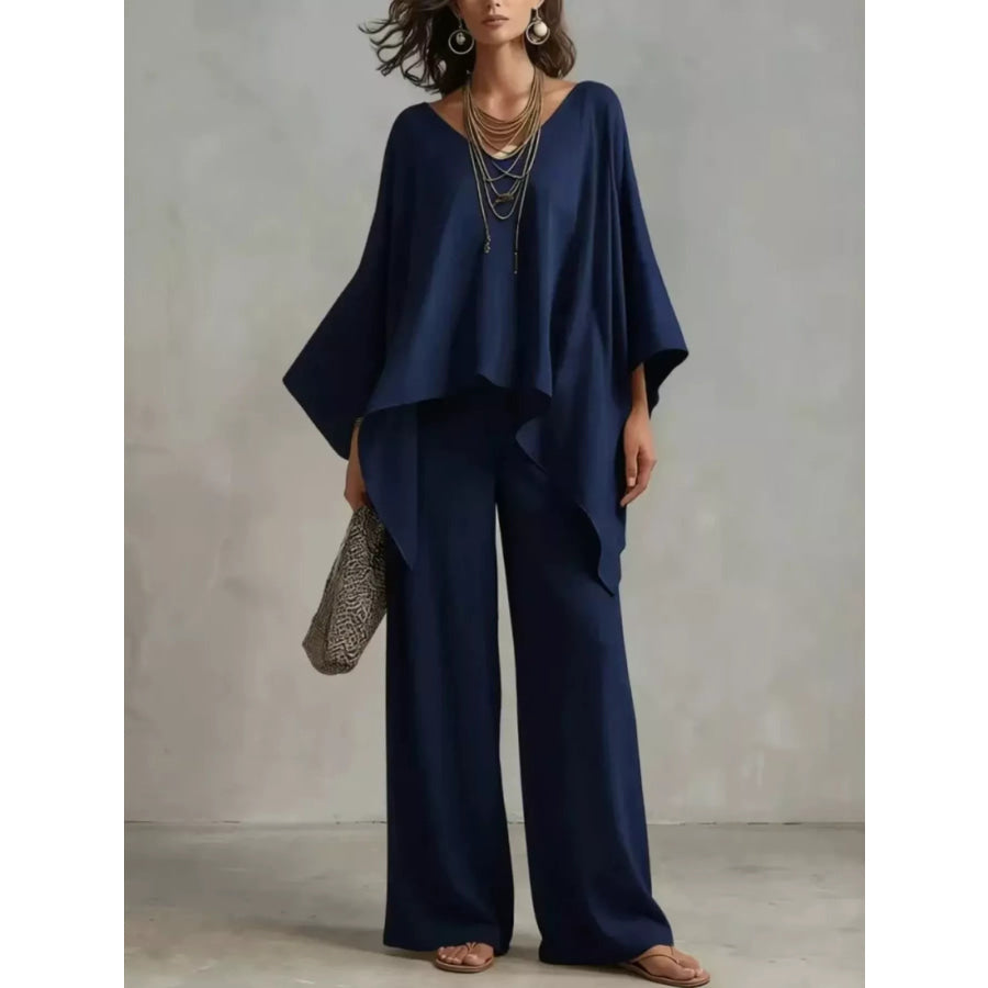 Full Size V-Neck Top and Pants Set Plus Size Navy Blue / S Apparel and Accessories