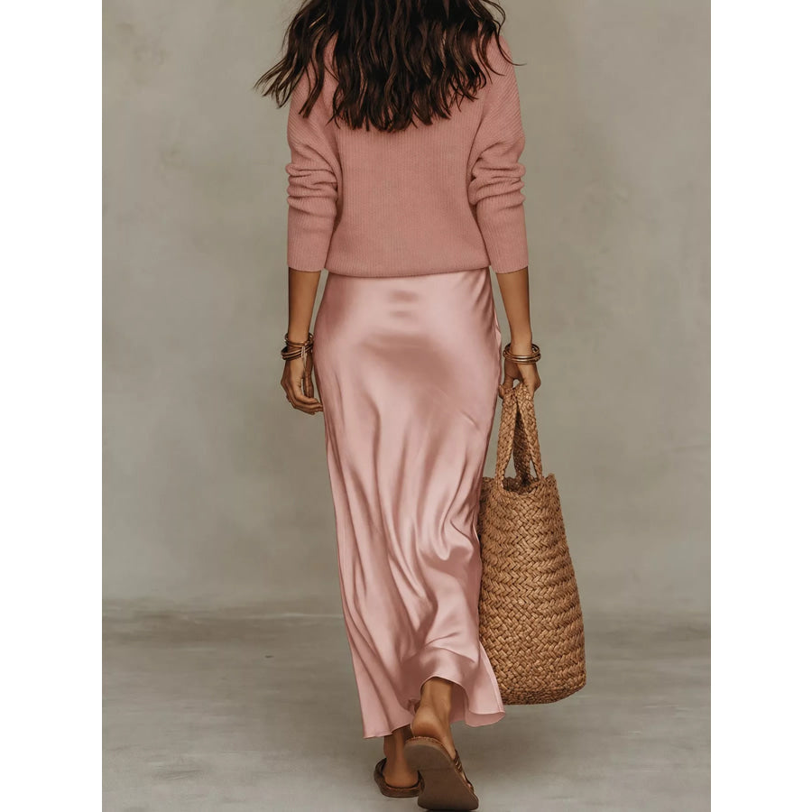 Full Size V-Neck Top and Satin Midi Skirt Set Plus Apparel Accessories