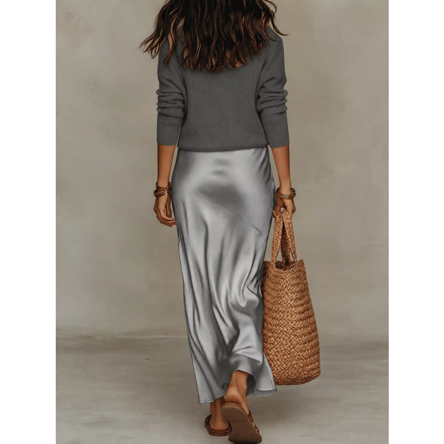 Full Size V-Neck Top and Satin Midi Skirt Set Plus Apparel Accessories