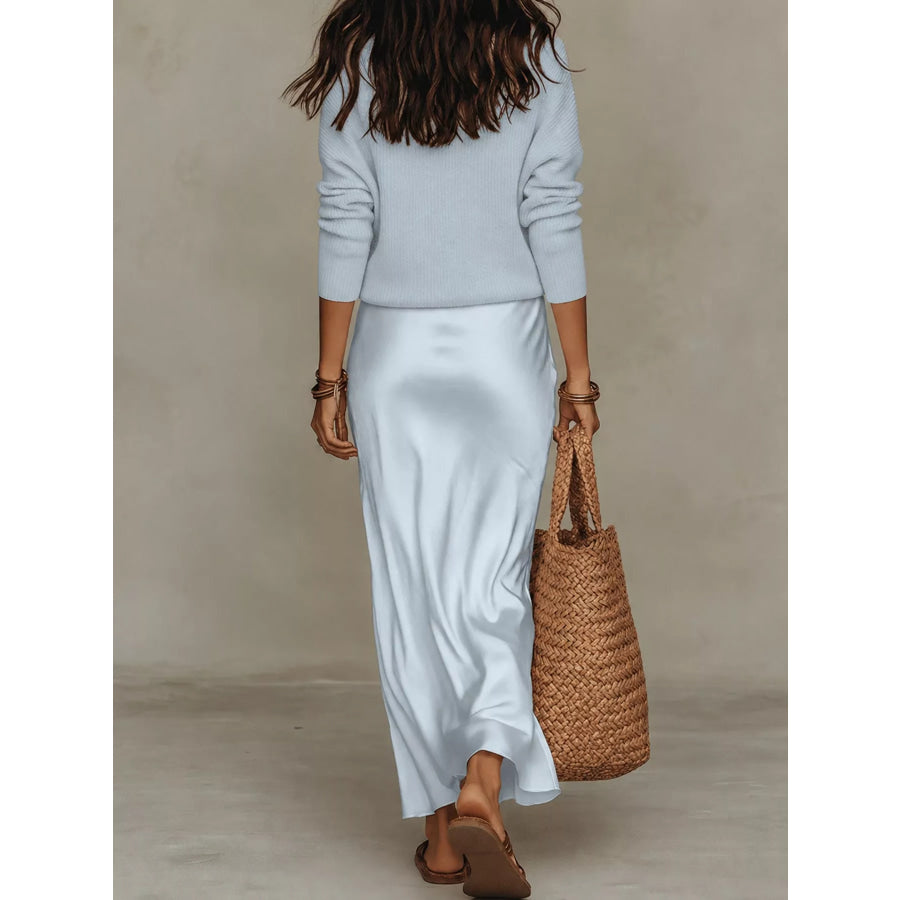 Full Size V-Neck Top and Satin Midi Skirt Set Plus Apparel Accessories
