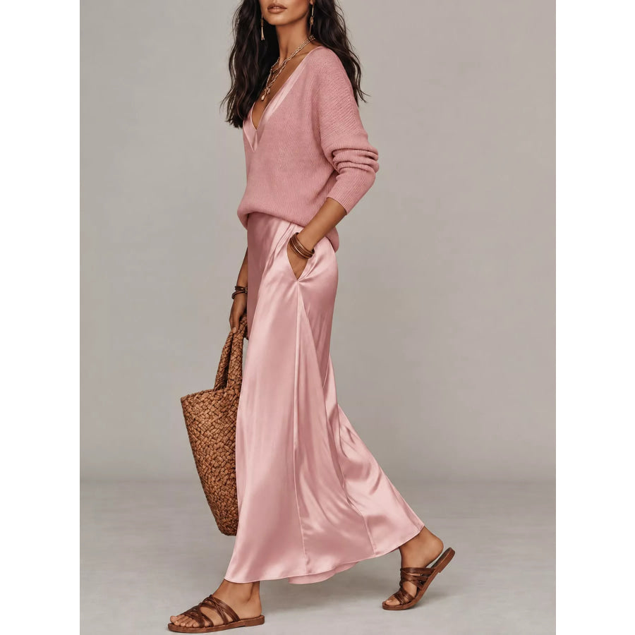 Full Size V-Neck Top and Satin Midi Skirt Set Plus Apparel Accessories