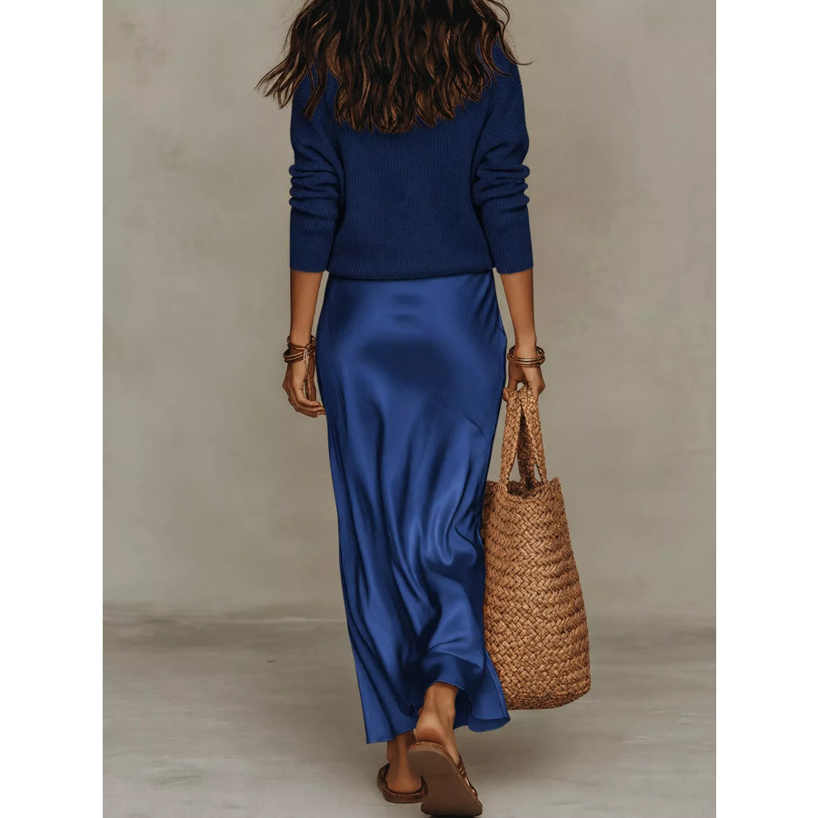 Full Size V-Neck Top and Satin Midi Skirt Set Plus Apparel Accessories