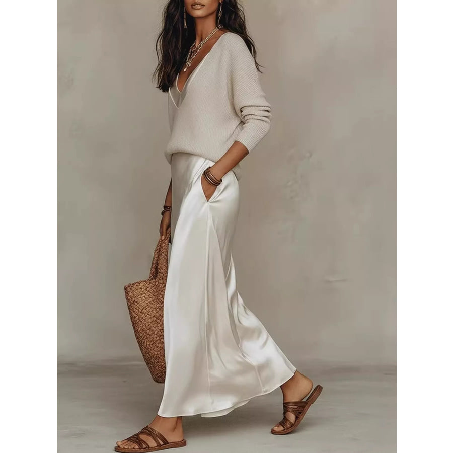 Full Size V-Neck Top and Satin Midi Skirt Set Plus Apparel Accessories