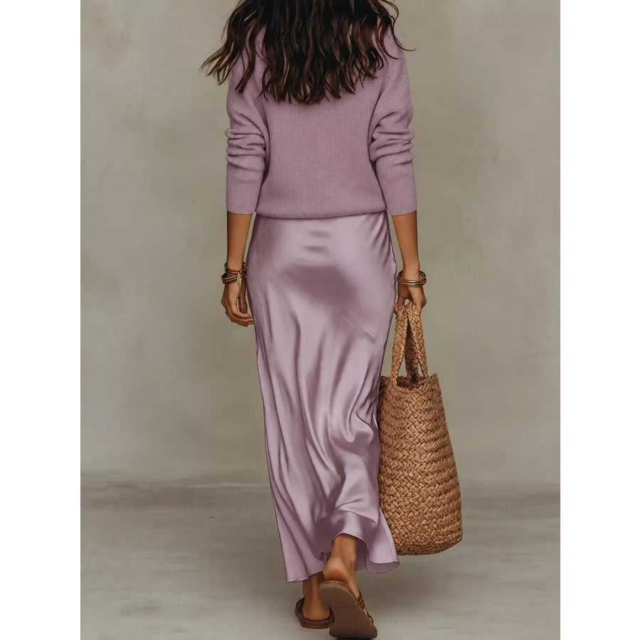 Full Size V-Neck Top and Satin Midi Skirt Set Plus Apparel Accessories