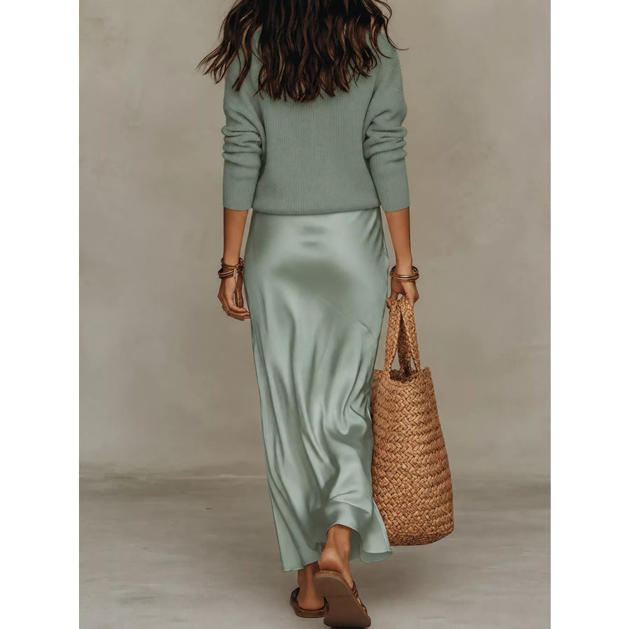 Full Size V-Neck Top and Satin Midi Skirt Set Plus Apparel Accessories