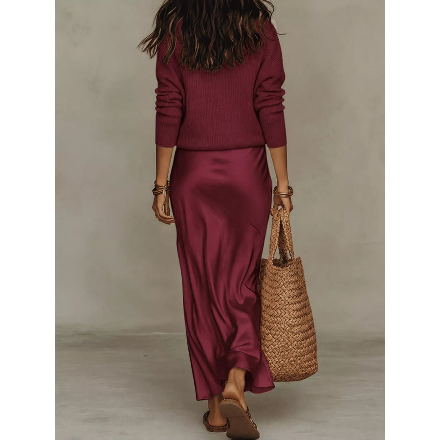 Full Size V-Neck Top and Satin Midi Skirt Set Plus Apparel Accessories