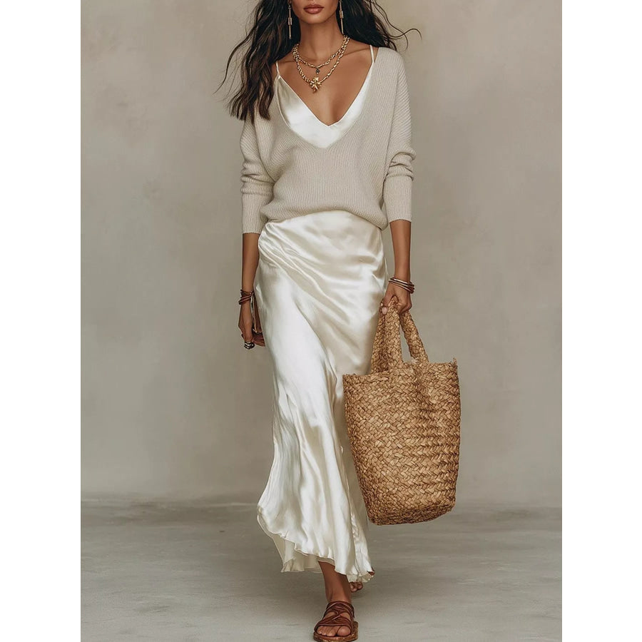 Full Size V-Neck Top and Satin Midi Skirt Set Plus Apricot-Set / S Apparel Accessories