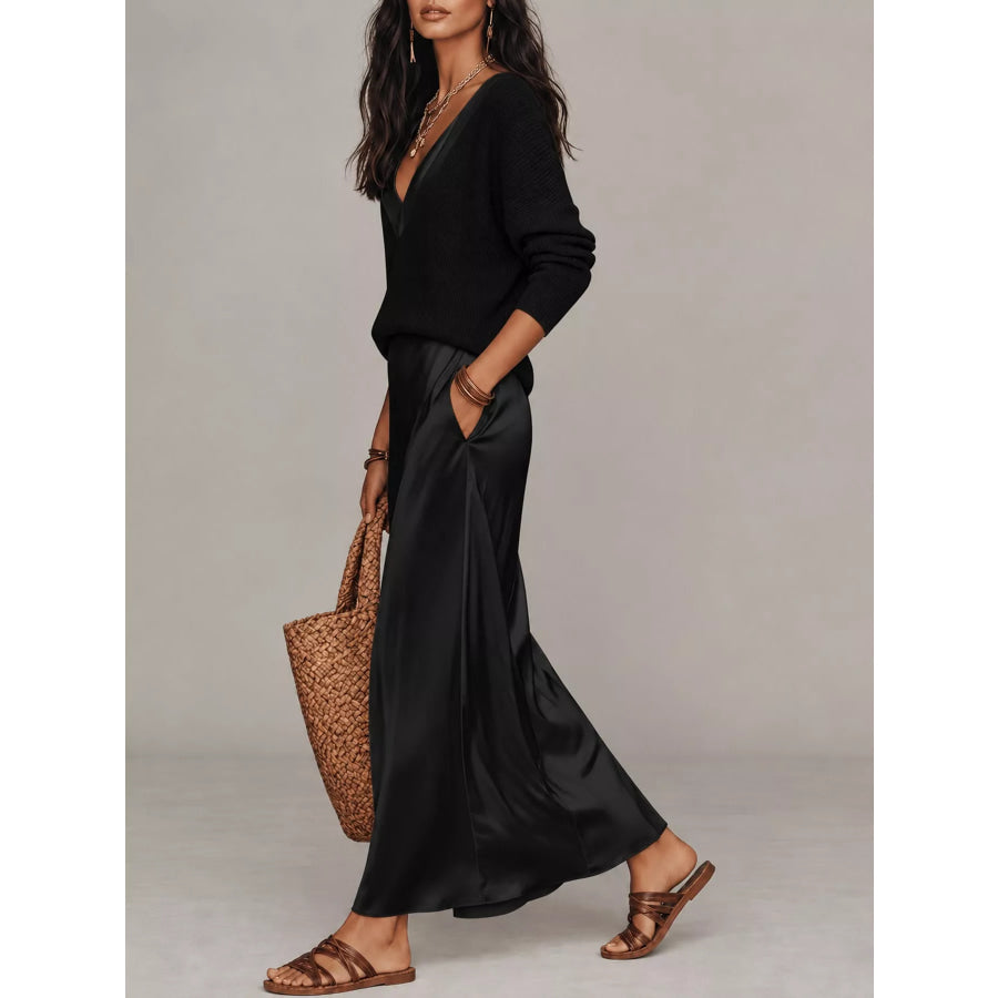 Full Size V-Neck Top and Satin Midi Skirt Set Plus Black-Set / S Apparel Accessories