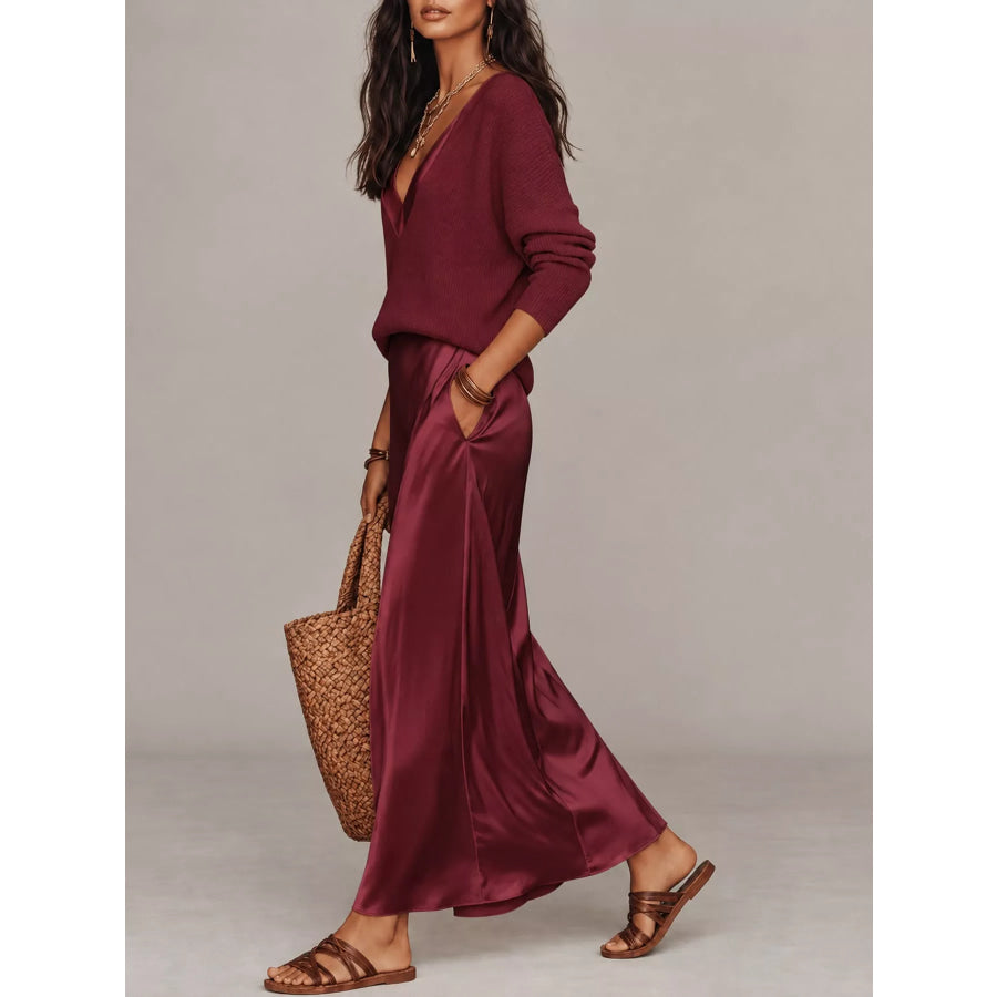 Full Size V-Neck Top and Satin Midi Skirt Set Plus Burgundy-Set / S Apparel Accessories