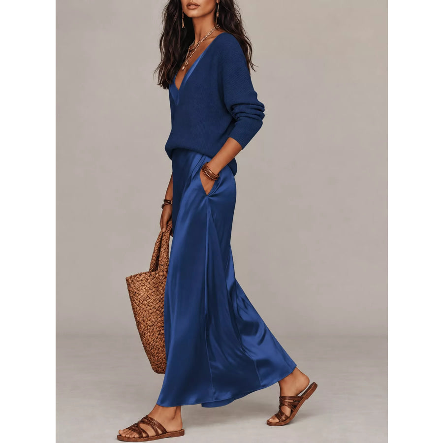 Full Size V-Neck Top and Satin Midi Skirt Set Plus Dark Blue-Set / S Apparel Accessories