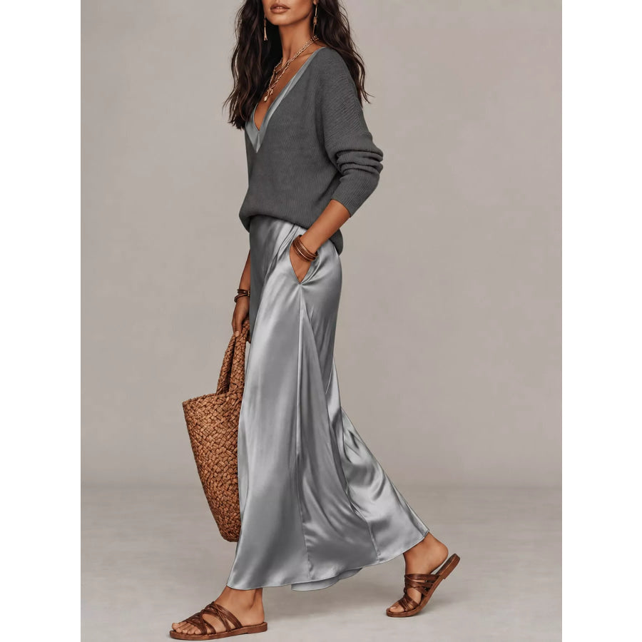 Full Size V-Neck Top and Satin Midi Skirt Set Plus Gray-Set / S Apparel Accessories