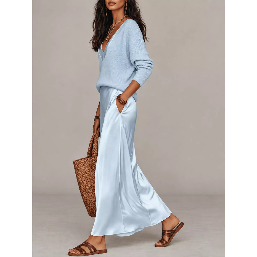 Full Size V-Neck Top and Satin Midi Skirt Set Plus Light Blue-Set / S Apparel Accessories