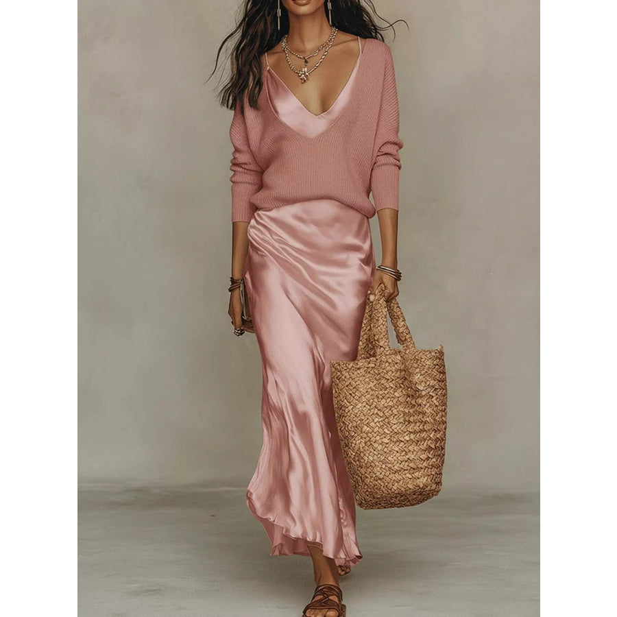 Full Size V-Neck Top and Satin Midi Skirt Set Plus Pink-Set / S Apparel Accessories