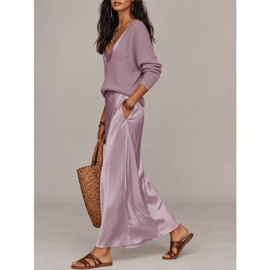Full Size V-Neck Top and Satin Midi Skirt Set Plus Purple-Set / S Apparel Accessories