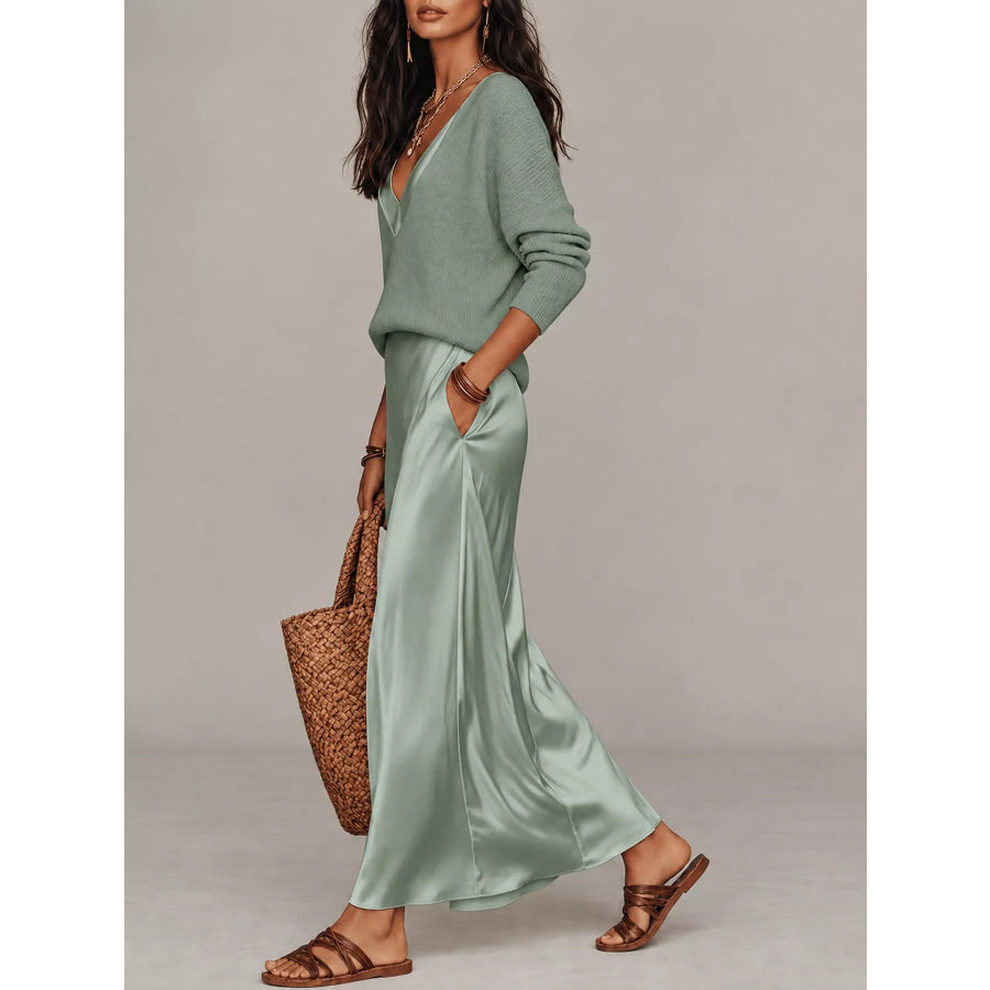 Full Size V-Neck Top and Satin Midi Skirt Set Plus Teal-Set / S Apparel Accessories