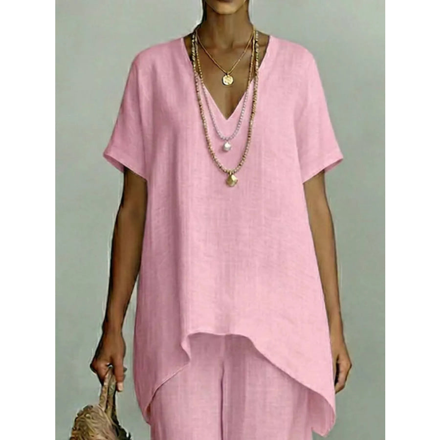 Full Size V-Neck Top and Wide-Leg Pants Set Plus Size Apparel and Accessories