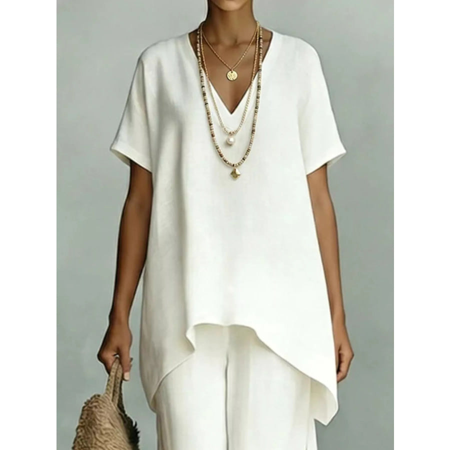 Full Size V-Neck Top and Wide-Leg Pants Set Plus Size Apparel and Accessories