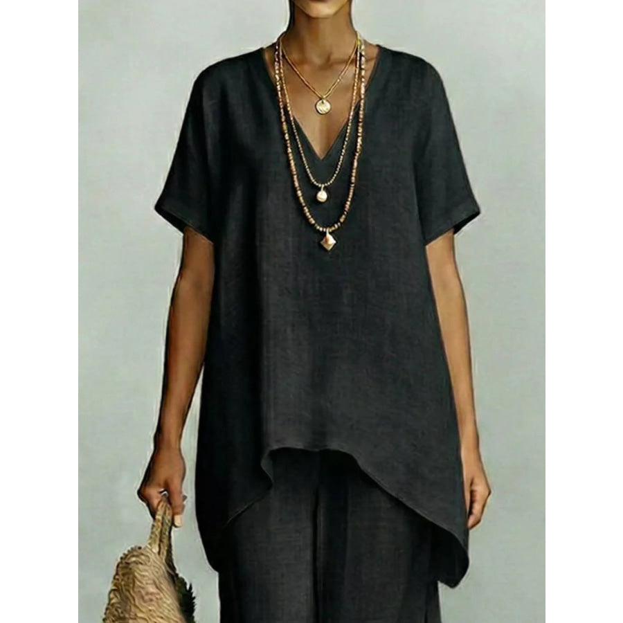 Full Size V-Neck Top and Wide-Leg Pants Set Plus Size Apparel and Accessories