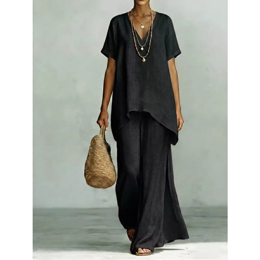 Full Size V-Neck Top and Wide-Leg Pants Set Plus Size Black / S Apparel and Accessories