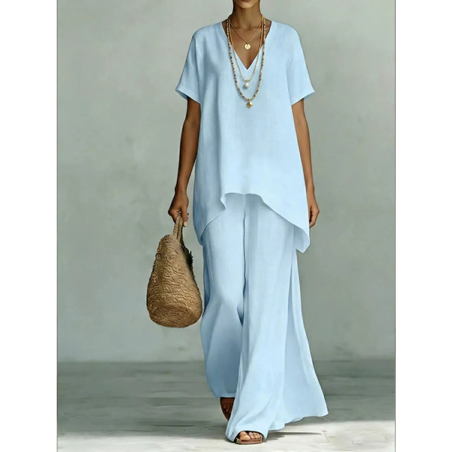 Full Size V-Neck Top and Wide-Leg Pants Set Plus Size Light Blue / S Apparel and Accessories