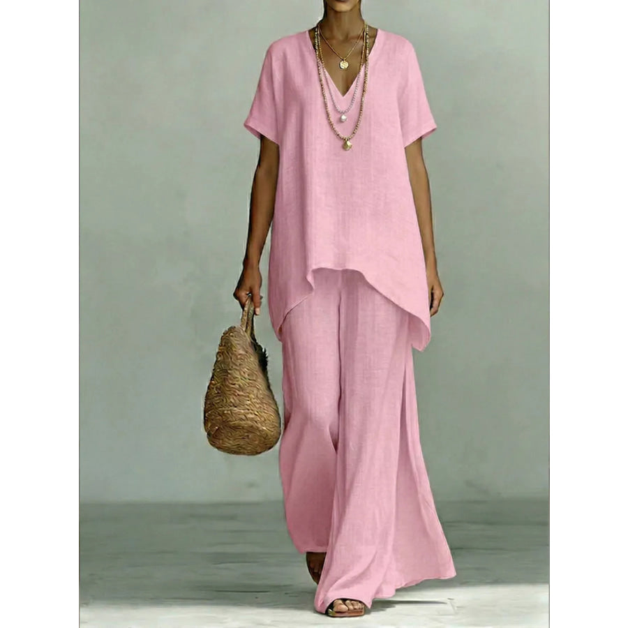 Full Size V-Neck Top and Wide-Leg Pants Set Plus Size Pink / S Apparel and Accessories