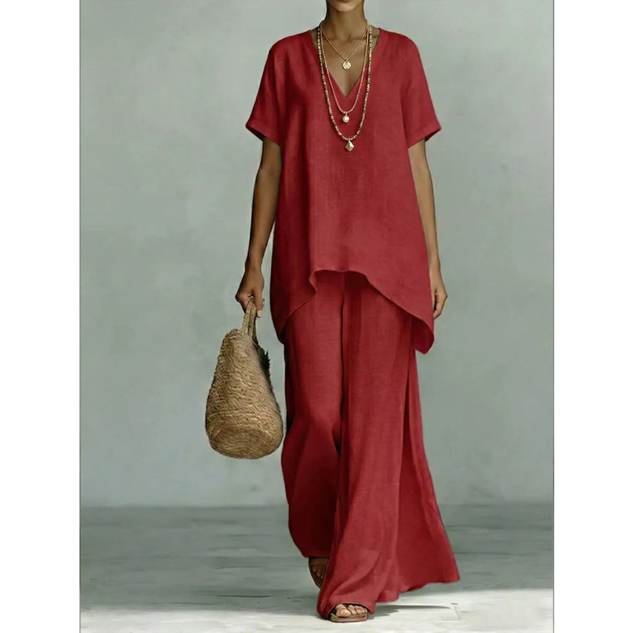 Full Size V-Neck Top and Wide-Leg Pants Set Plus Size Red / S Apparel and Accessories