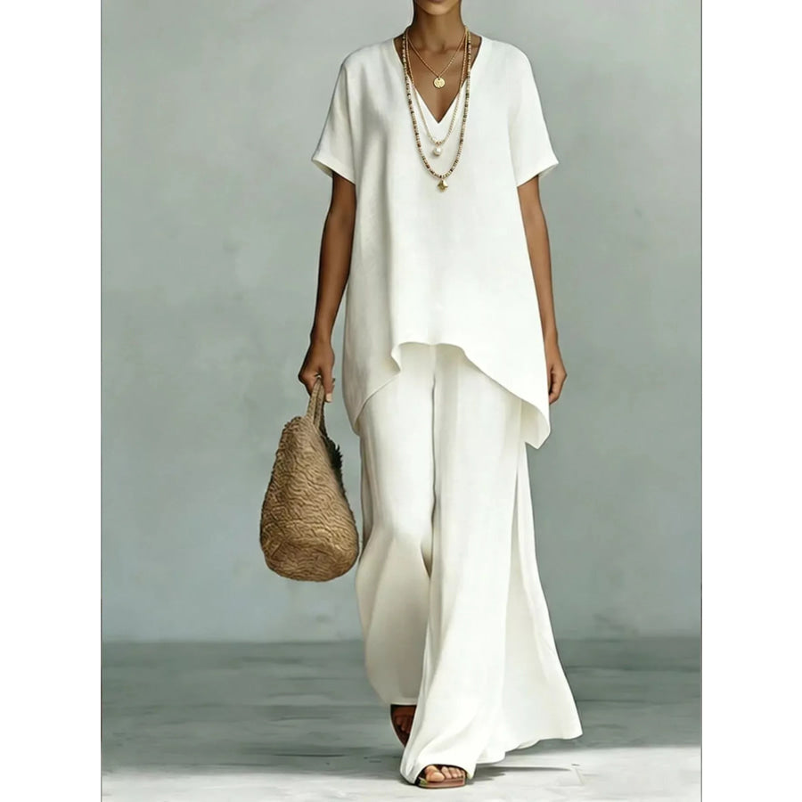 Full Size V-Neck Top and Wide-Leg Pants Set Plus Size White / S Apparel and Accessories
