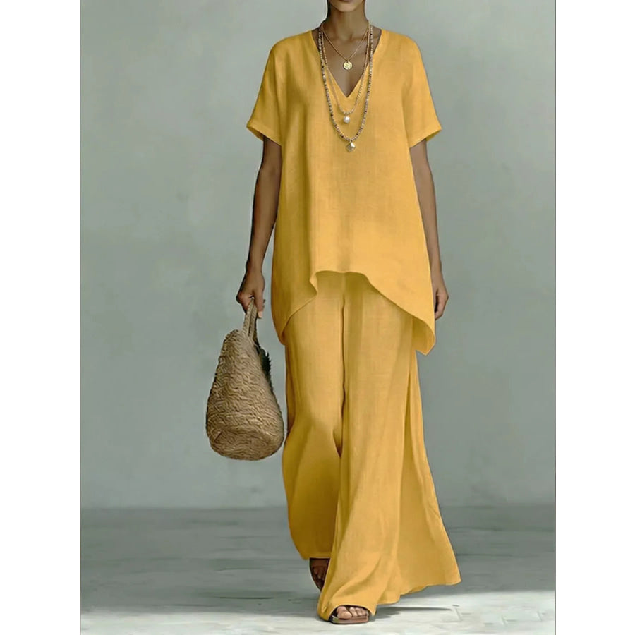 Full Size V-Neck Top and Wide-Leg Pants Set Plus Size Yellow / S Apparel and Accessories
