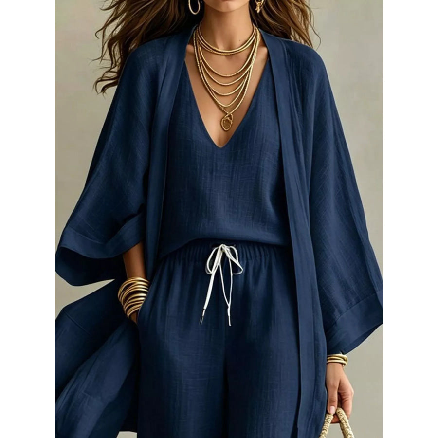 Full Size V-Neck Top & Cardigan and Pants Set Plus Apparel Accessories