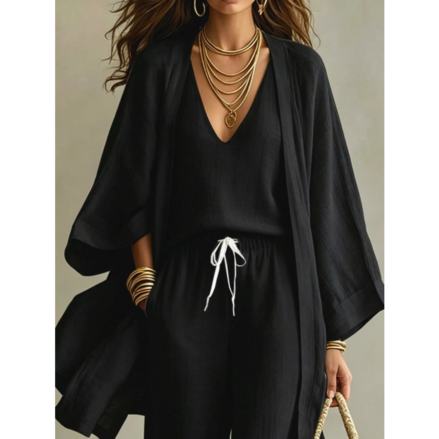 Full Size V-Neck Top & Cardigan and Pants Set Plus Black / S Apparel Accessories