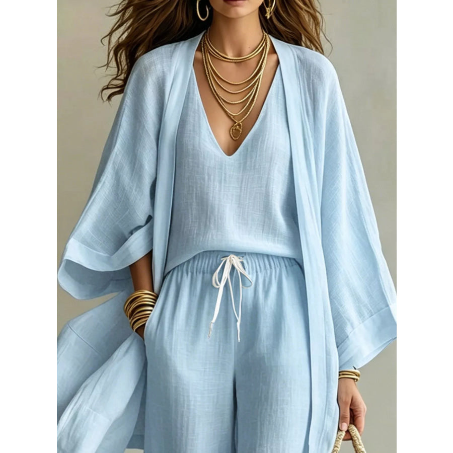 Full Size V-Neck Top & Cardigan and Pants Set Plus Apparel Accessories