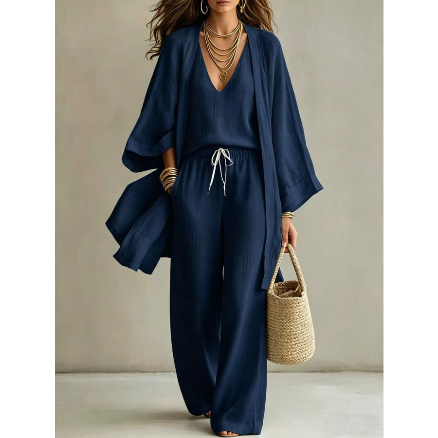 Full Size V-Neck Top & Cardigan and Pants Set Plus Navy / S Apparel Accessories