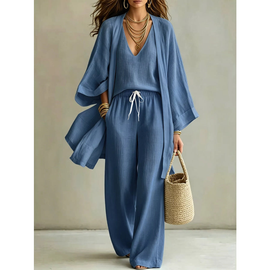 Full Size V-Neck Top & Cardigan and Pants Set Plus Royal Blue / S Apparel Accessories